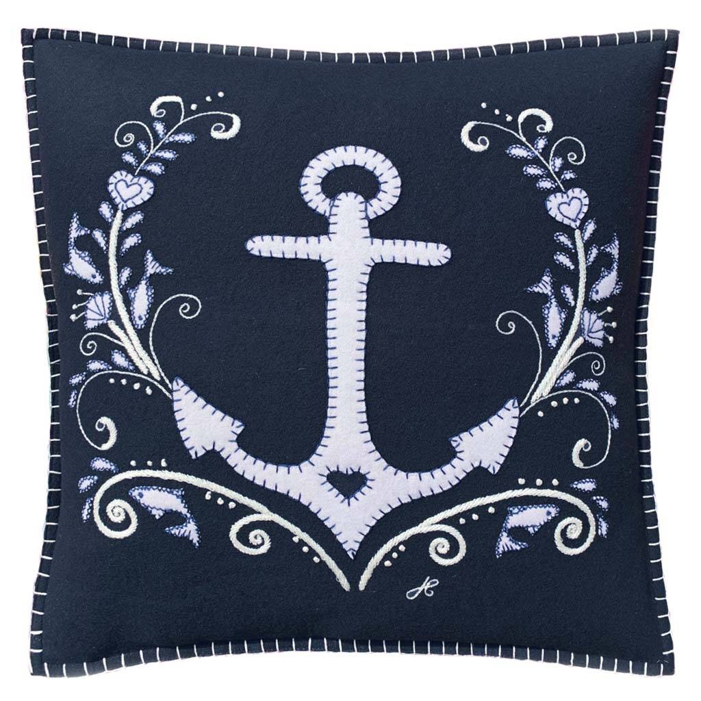 Navy Blue Wool Seaside Anchor Cushion, 1 of 2