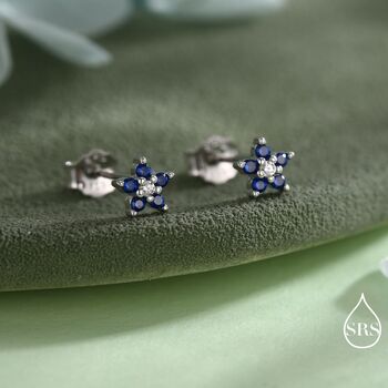 Sapphire Blue Forget Me Not Flower Cz Stud Earrings In Sterling Silver, 3 of 12
