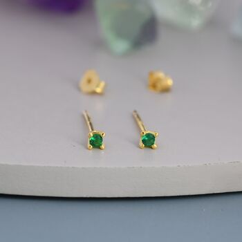 Sterling Silver Extra Tiny 2mm Emerald Green Cz Stud Earrings, 6 of 12