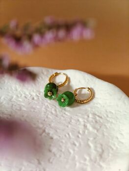 Elegant Green Jade Lily Hoop Earrings, 7 of 10