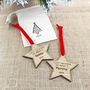 First Christmas As Mummy And Daddy Personalised Wooden Star Christmas Decorations, thumbnail 2 of 5