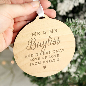 Personalised Mr And Mrs Round Wooden Decoration, 2 of 3