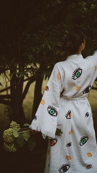 Long Organic Cotton Robe: White With Multi Coloured Mini Eye, 4 of 7