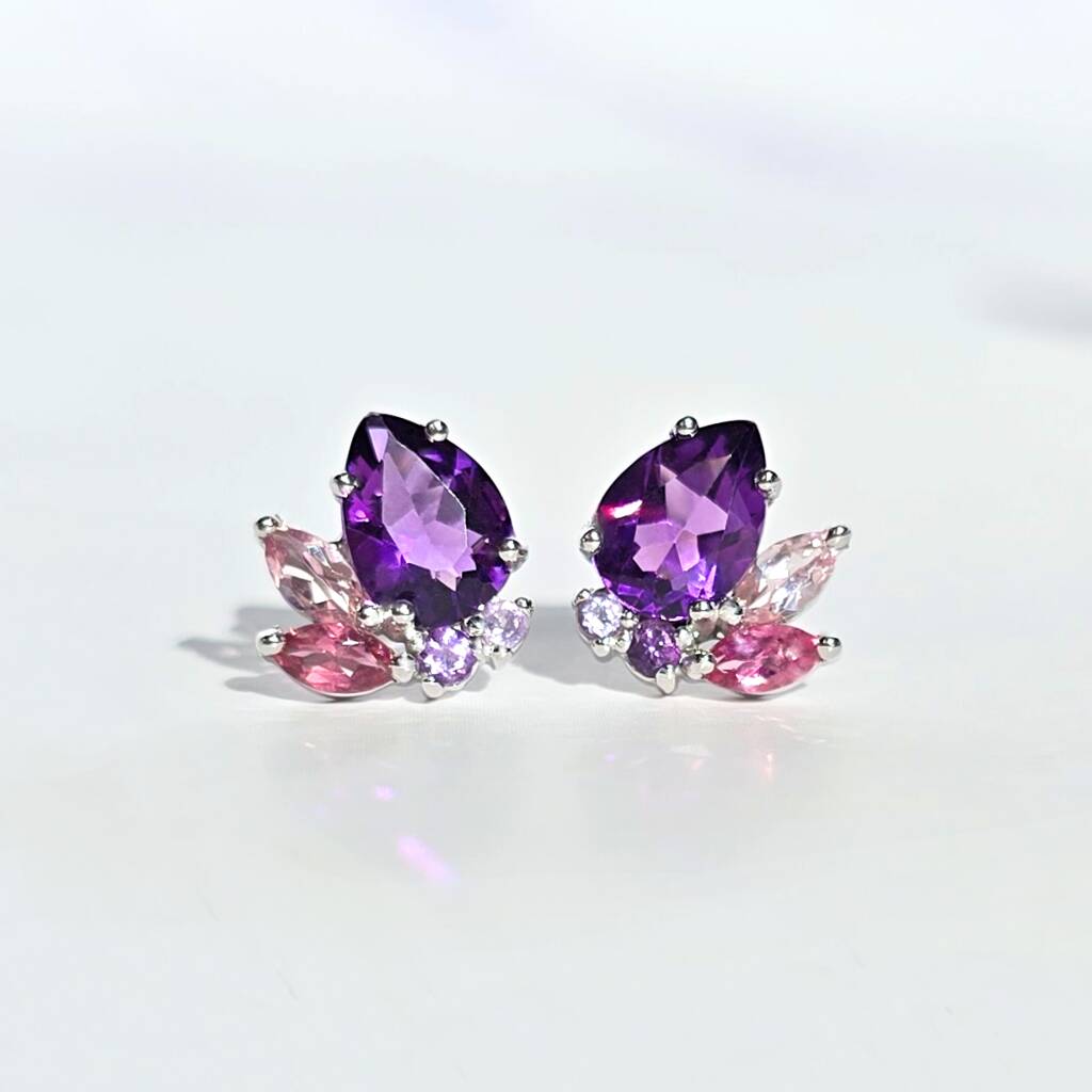 Amethyst And Pink Tourmaline Stud Earrings In Silver And Gold, 1 of 12
