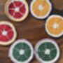 Six Crochet Coasters, Blue White, Citrus, Sunflower, thumbnail 10 of 12
