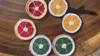 Six Crochet Coasters, Blue White, Citrus, Sunflower, 10 of 12