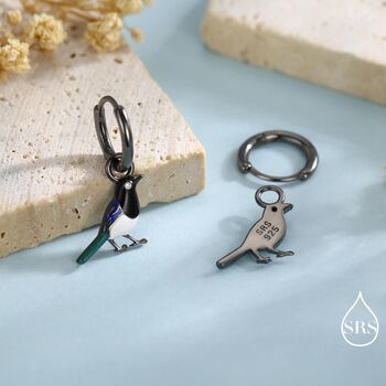 Magpie Enamel Huggie Hoop Earrings In Sterling Silver, 3 of 10
