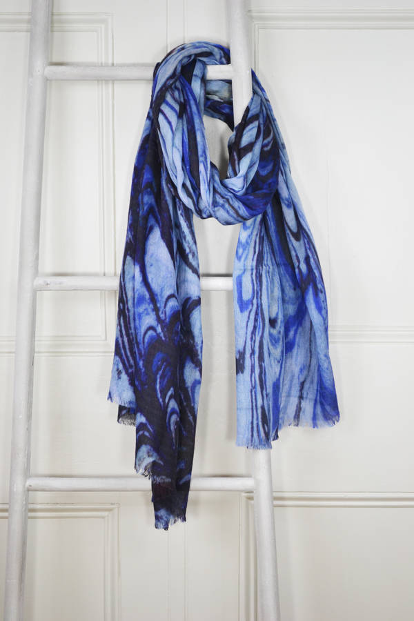 Isidore Blue Marble Print Wool Silk Blend Scarf By Edition de Luxe ...