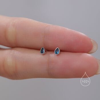 Sterling Silver Tiny Droplet London Blue Cz Stud Earrings, 6 of 12