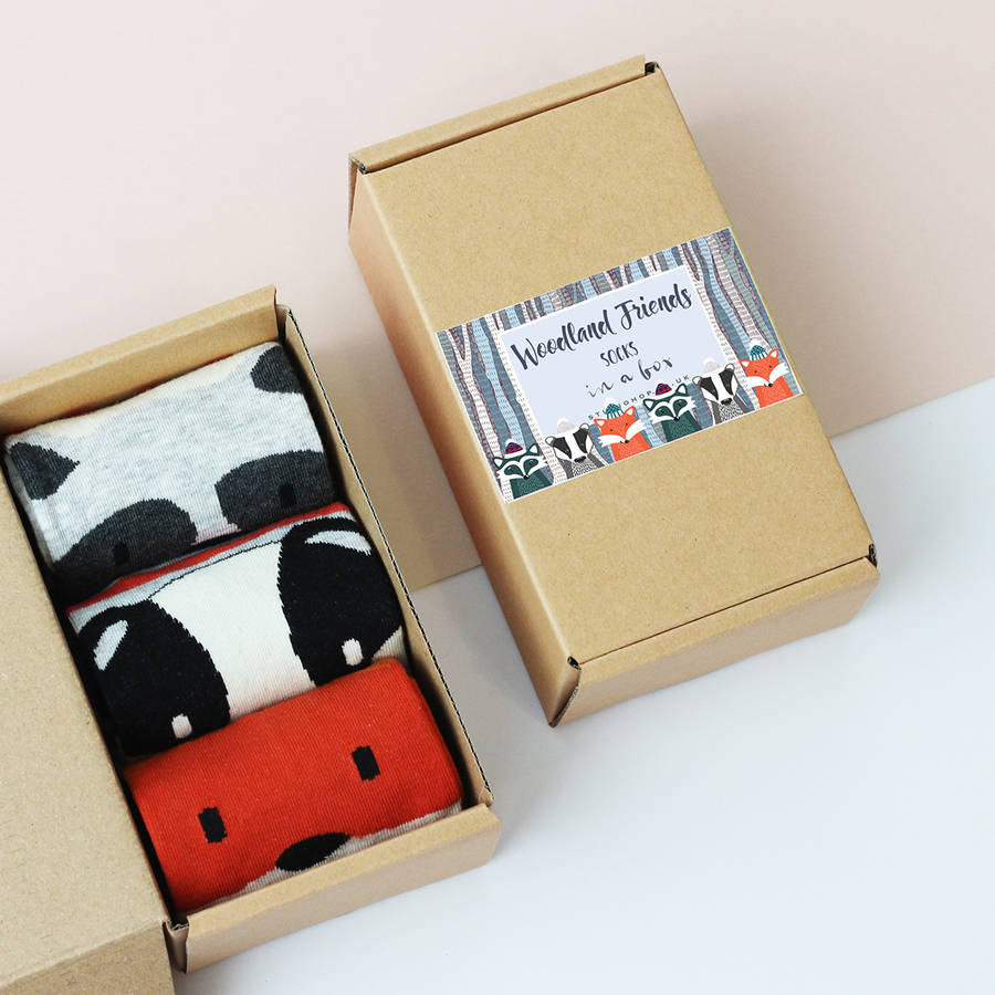 woodland friends socks in a box by studio hop