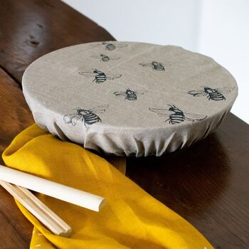Large Reusable Linen Bowl Cover With Bee Design, 4 of 4