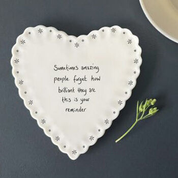 East Of India Heart Shaped Porcelain Coaster Gift With Quote 'Sometimes Amazing', 3 of 4