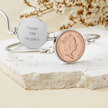 30th Birthday 1996 Penny Coin Bangle Bracelet, 2 of 9