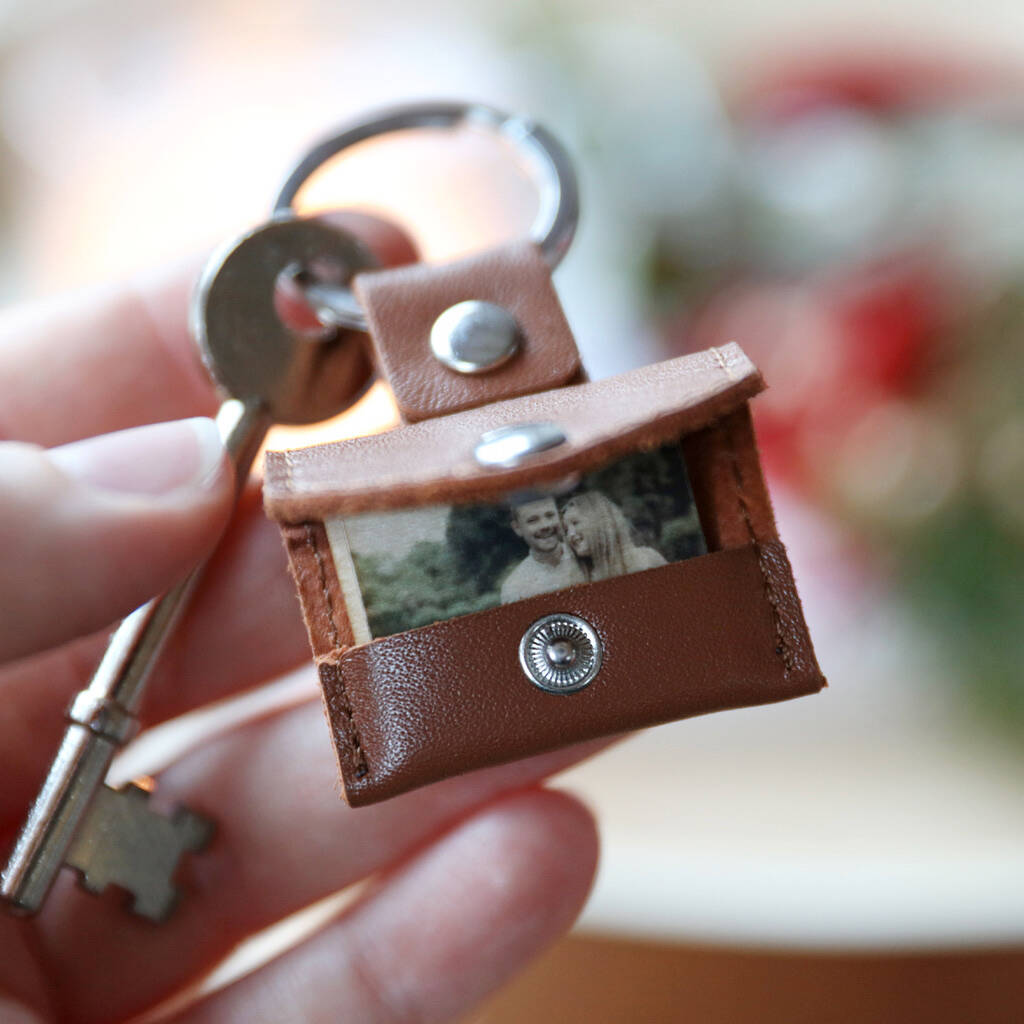 Image of Personalised Leather Envelope Keyring With Photo Charm