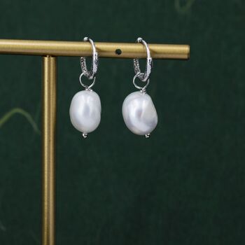 Baroque Pearl With Skinny Hammered Hoop Earrings, 7 of 11