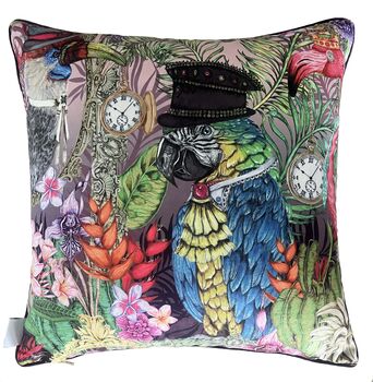 Signature Tropical Birds Dressed Up Bright Colourful Tropical Flowers Green Parrot Luxury Velvet Cushion, 9 of 9