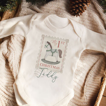 Personalised ‘My First Christmas’ Rocking Horse Baby Outfit, 2 of 4