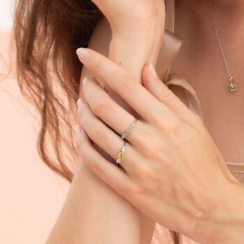 Peridot Five Stone Ring In Sterling Silver And Gold Vermeil, 9 of 12