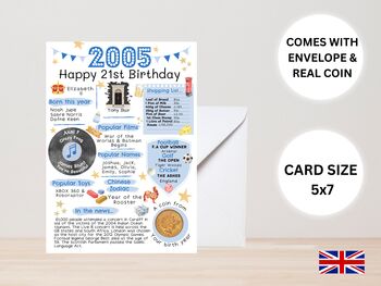 21st Birthday Card With 2005 Coin And Envelope Choose Your Colour, 3 of 3