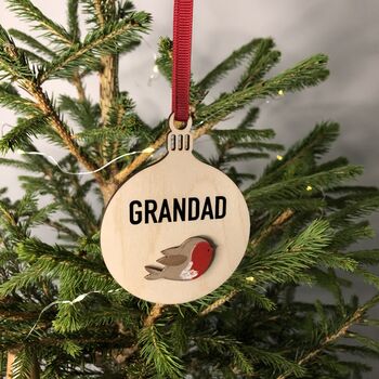 Personalised Wooden Cute Robin Bauble Tree Decoration, 2 of 4