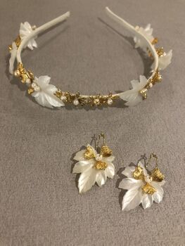 Gold And Frosted Leaf Bridal Hoop Earrings, 4 of 5