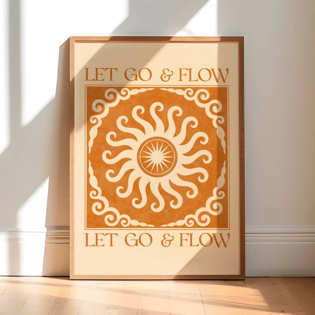 Let Go And Flow, Orange, Bohemian Celestial Sun Yoga Meditation Art Poster, 1 of 3
