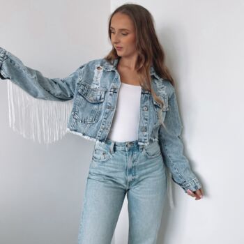 Cropped Denim Jacket With Tassels Blue, 2 of 4