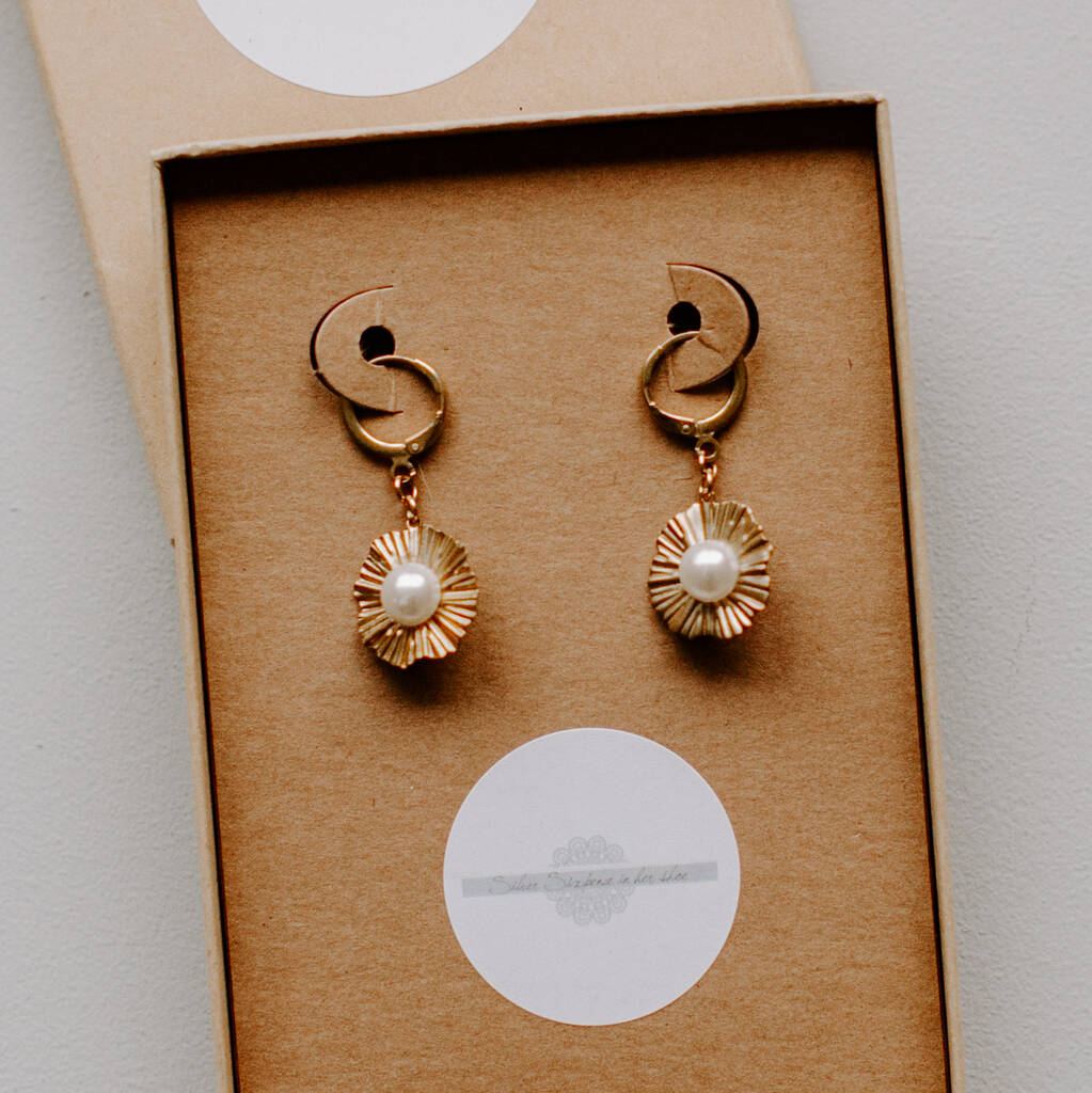 Mini Gold Sunburst And Pearl Hoop Bridal Earrings, 1 of 4
