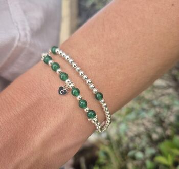 Sterling Silver May Emerald Personalised Heart Bracelet Set Of Two Stacking Bracelets: May Birthstone Stacking Jewellery, 2 of 7