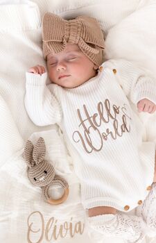 Hello World Embroidered New Baby Long Sleeve Knitted Romper, 2 of 12