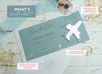 Dusty Blue Wedding Boarding Pass Save The Date With Silver Magnetic Plane, 3 of 6