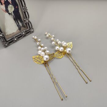 Pearl And Gold Leaf Hair Pins – Elegant Bridal And Bridesmaid Hair Accessories, 11 of 12