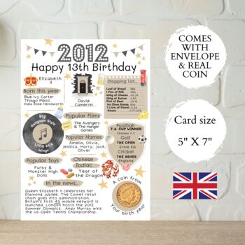 13th Birthday Card With 2012 Coin And Envelope Choose Your Colour, 2 of 3