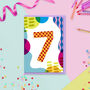 Age Seven Colourful Pattern Kids Birthday Card, thumbnail 1 of 3