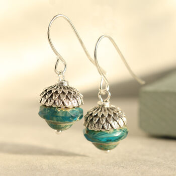 Teal Silver Acorn Earrings, 2 of 7