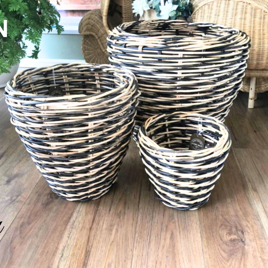 Set Of Three Rattan Baskets Large Storage Bins For Home Organisation