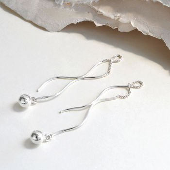 Sterling Silver Wave And Ball Threader Earrings, 4 of 5