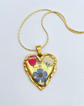 Real Blue Red Flowers Pendant Gold Leaf Necklace Hand Made, 3 of 10