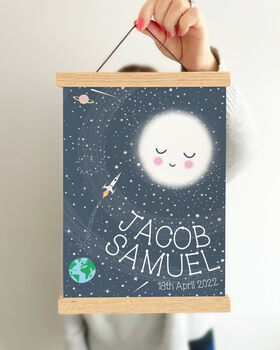 Personalised New Baby Moon And Stars Space Print, 4 of 6