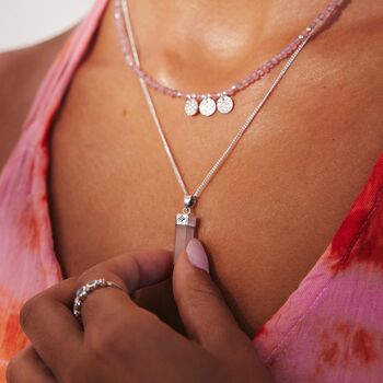 Open Heart Rose Quartz Crystal Silver Pendant Necklace, 3 of 9