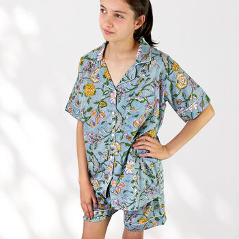 Pale Blue Floral 100% Cotton Ladies Pyjama Short Set, 3 of 7