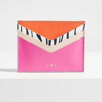 Personalised Leather Card Holder Pink + Zebra Print, 3 of 5