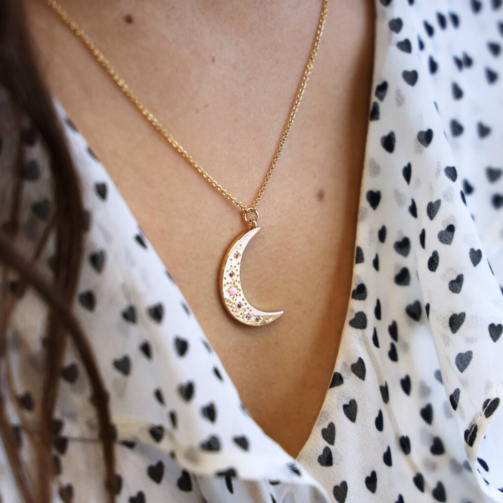 14 K Gold Fill Crescent Moon And Faux Fire Opal Necklace, 1 of 6