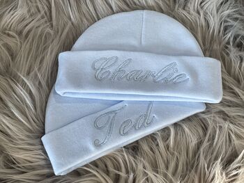 Personalised Embroidered White Newborn Baby Hat, 6 of 6