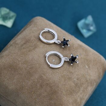 Sterling Silver Black Cz Star Huggie Hoop Earrings, 4 of 12