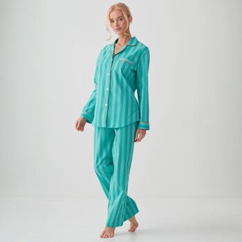 Women's 'New York Turquoise' Stripe Crisp Cotton Pyjama Set, 3 of 4