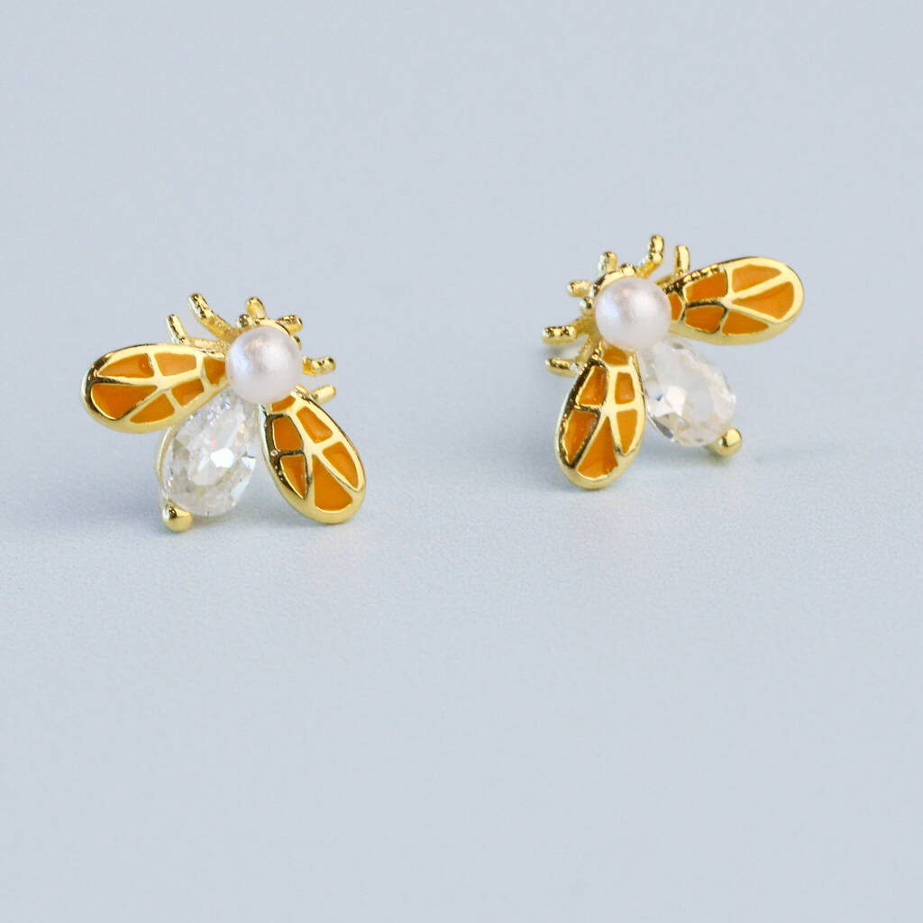 Gold Colour Sterling Silver Bee Stud Earrings, 1 of 4