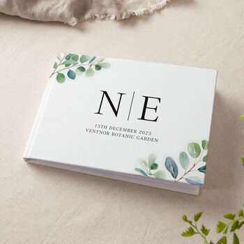 Watercolour Eucalyptus Personalised Initials Wedding Guest Book, 2 of 3