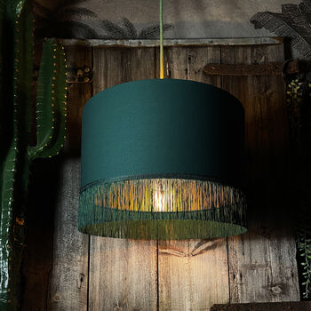 Hunter Green Cotton Lampshades With Gold Or Copper Lining And Green Fringing, 3 of 12