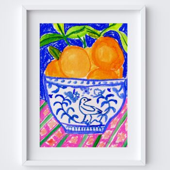 Bowl Of Oranges Table Scene Art Print Watercolour Pastel Poster, 3 of 4